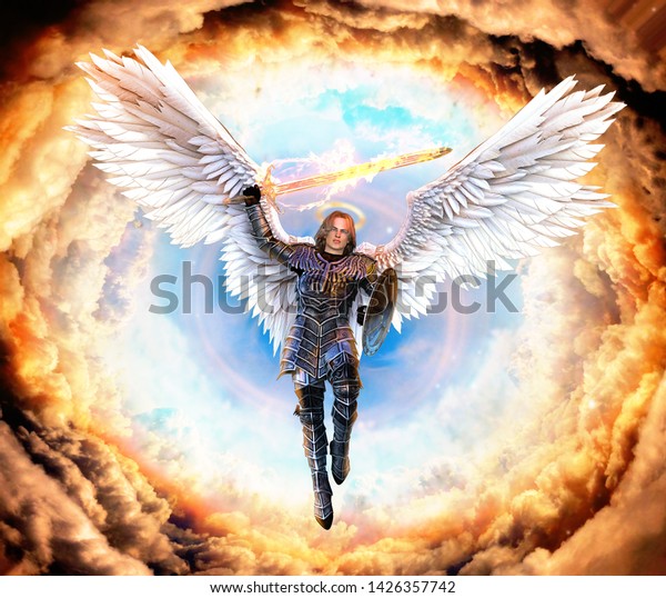Archangel Michael, with\
flaming sword and shield, flying on feathered wings into hell, 3d\
render\
painting