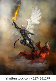 The archangel Michael wearing blue armed and with white feather wings spread holds a flaming sword as he flies into Satan who lays defeated upon a rocky ground raising a hand in defeat. 3D Rendering