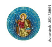 Archangel Raphael. Starry sky round illustration in Byzantine style