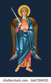 Archangel Uriel. The keeper of beauty and light, regent of the sun and constellations.  Illustration in Byzantine style