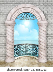 Arched balcony with twisted columns and wrought iron railing 3D illustration 3D rendering. Stone artificial wall and tiling floor
