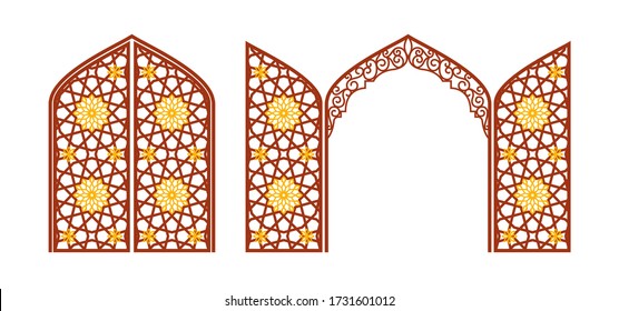 Arched carved gate with arabic ornament. Layout for clipping.