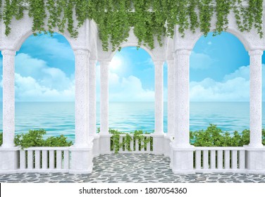 Arched colonnade with a balustrade entwined with ivy sea view 3d rendering.psd