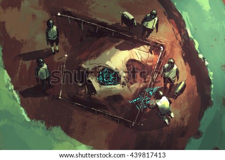 archeology dig,giant skull,sci-fi scene,illustration painting