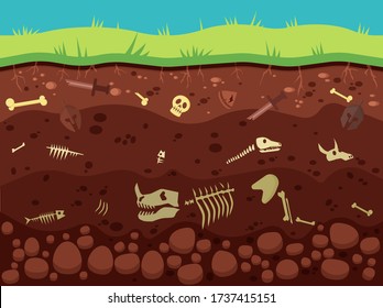 Archeology, Historic Artifacts Under Ground Illustration. Dinosaurs And Prehistoric Animals Bones, Fossil In Soil Layers Flat Drawing. History, Paleontology Science, Archeological Excavation