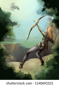 archer girl fighting the dragon . fantasy art / digital fresco