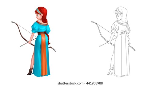 The Archer Princess  Woman Warrior  Coloring Book  Outline Sketch  Character Design isolated White Background