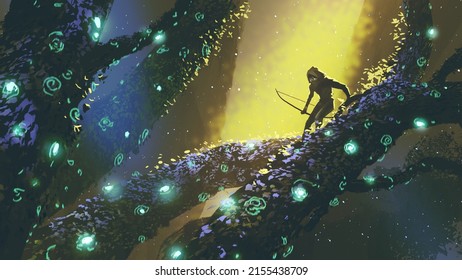 Archer standing on a tree in the fantasy forest, digital art style, illustration painting
