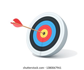 Archery target with arrow isolated on white. Goal achievement concept. 3D render with clipping path