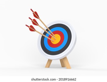 Archery Target With Three Arrows Isolated On White Background. Dartboard And Bullseye. Business Success, Investment Goal, Aim Strategy, Achievement Focus Concept. 3d Render Illustration