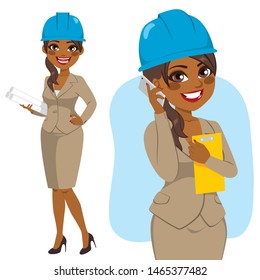 Architect black woman character standing with blue safety helmet holding blueprints and talking with smartphone - Powered by Shutterstock