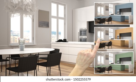 Architect designer concept, hand showing modern white and black kitchen colors in different options, interior design project draft, color picker, material sample, 3d illustration - Powered by Shutterstock