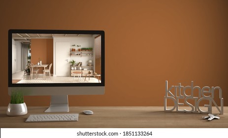 Architect Designer Project Concept, Wooden Table With House Keys, 3D Letters Making The Words Kitchen Design, Computer Showing Interior Draft, Orange Pantone Background Copy Space, 3d Illustration