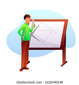 Architect Designer Working On Project Illustration. Engineer Using Professional Equipment. Male Flat Character Drawing Building Plan. Blueprint On Drafting Table.  Raster Copy