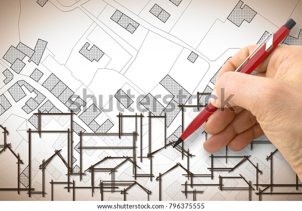 建物 野原 道路を持つ 想像上の地籍図の上に住宅建築を描く建築家 のイラスト素材