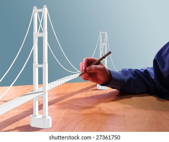 Architect Drawing A Suspension Bridge In 3d On His Desk