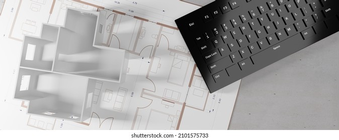 Architect Engineer Office Overhead. Architecture Blueprint Plan, Building Model On Architectural Design Drawing And Black Computer. 3d Illustration


