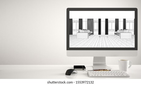 Architect House Project Concept, Desktop Computer On White Background, Work Desk Showing CAD Sketch, Modern Living Room With Sofa And Table, Interior Design, 3d Illustration