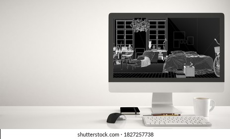 Architect House Project Concept, Desktop Computer On White Background, Work Desk Showing CAD Sketch, Modern Scandinavian Bedroom With Double Bed, Armchair And Decors Interior Design, 3d Illustration