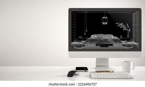 Architect House Project Concept, Desktop Computer On White Background, Work Desk Showing CAD Sketch, Minimalist Japandi Bedroom, Interior Design, 3d Illustration