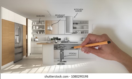 Architect Interior Designer Concept: Hand Drawing A Design Interior Project And Writing Notes, While The Space Becomes Real, White Wooden Modern Kitchen, 3d Illustration