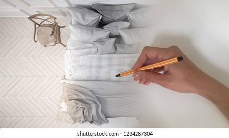 Architect interior designer concept: hand drawing a design interior project while the space becomes real, classic bedroom with soft bed full of pillows and blankets, 3d illustration