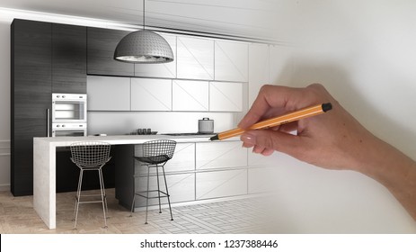 Architect Interior Designer Concept: Hand Drawing A Design Interior Project While The Space Becomes Real, Modern Kitchen In Classic Apartment, Cabinets, Island And Pendant Lamp, 3d Illustration