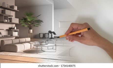 Architektonisches Designkonzept: Handzeichnen eines Designprojektes, während der Raum wird real, Vintage Wohnzimmer mit Sofa und Tischen, Teppich, Topfpflanzen, 3D-Illustration
