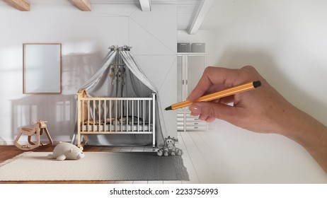 Architect interior designer concept: hand drawing a design interior project while the space becomes real, bohemian children bedroom in boho style, nursery, 3d illustration