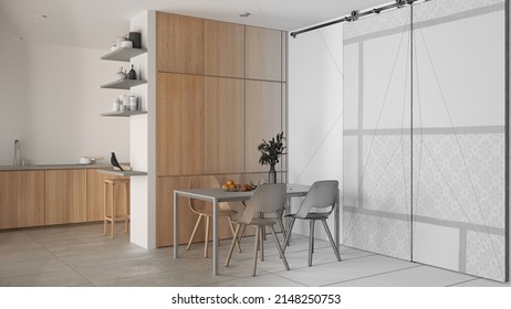 Architect Interior Designer Concept: Hand-drawn Draft Unfinished Project That Becomes Real, Dining Room And Kitchen, Concrete Tiles, Table, Chairs, Cabinets And Shelves, Sliding Door, 3d Illustration