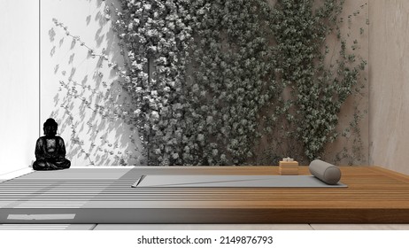 Architect Interior Designer Concept: Hand-drawn Draft Unfinished Project That Becomes Real, Yoga Studio, Japanese Zen Style, Exterior Garden With Ivy, Wooden Floor, Mats And Pillows, 3d Illustration