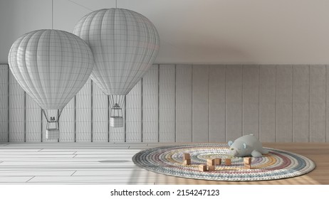 Architect interior designer concept: hand-drawn draft unfinished project that becomes real, children bedroom background with copy space, parquet, velvet panel, balloon, round capet, 3d illustration