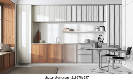 Architect Interior Designer Concept: Hand-drawn Draft Unfinished Project That Becomes Real, Japandi Trendy Wooden Kitchen And Dining Room. Cabinets And Big Window, 3d Illustration