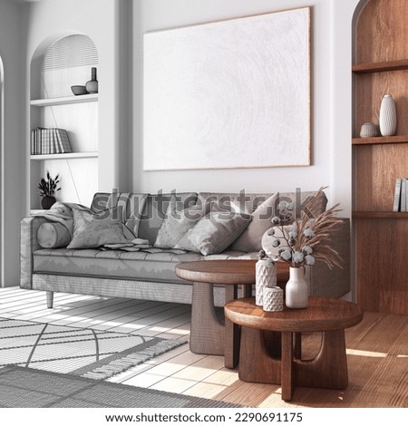Architect interior designer concept: hand-drawn draft unfinished project that becomes real, classic wooden living room with fabric sofa. Farmhouse style, 3d illustration