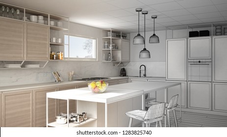 Architect interior designer concept: unfinished project that becomes real, kitchen with wooden details and parquet floor, minimalistic design idea, island with stools, 3d illustration - Shutterstock ID 1283825740