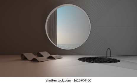 Architect Interior Designer Concept: Unfinished Project That Becomes Real, Imaginary Fictional Architecture, Empty Space With Round Window With Curtain, Pool With Chaise Longue, Spa, 3d Illustration