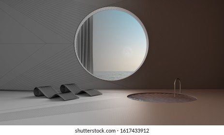 Architect Interior Designer Concept: Unfinished Project That Becomes Real, Imaginary Fictional Architecture, Empty Space With Round Window With Curtain, Pool With Chaise Longue, Spa, 3d Illustration