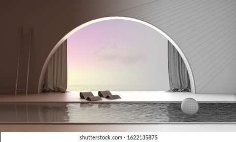 Architect Interior Designer Concept: Unfinished Project That Becomes Real, Imaginary Fictional Architecture, Interior Design Of Empty Space With Arched Window With Curtain, Pool, 3d Illustration