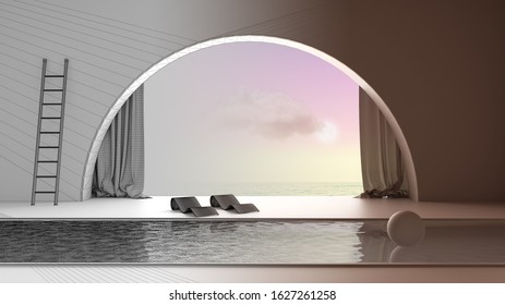 Architect Interior Designer Concept: Unfinished Project That Becomes Real, Imaginary Fictional Architecture, Interior Design Of Empty Space With Arched Window With Curtain, Pool, 3d Illustration