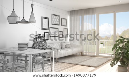 Architect interior designer concept: unfinished project that becomes real, warm and confortable colored white living room with dining table, sofa and carpet, concept idea, 3d illustration Foto stock © 