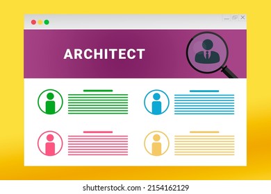 Architect logo in header of site. Architect text on job search site. Online with Architect resume. Jobs in browser window. Internet job search concept. Employee recruiting metaphor