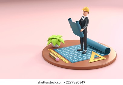 Architect Looking at a Blueprint. 3D Illustration