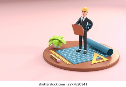 Architect Looking at a Clipboard. 3D Illustration