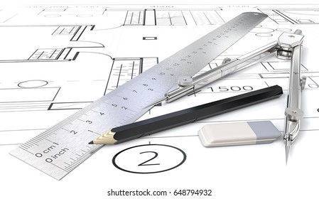Architect objects. Generic blueprints , drawings and sketches. Ruler, Pencil, Eraser and Divider of metal. 3D render. 