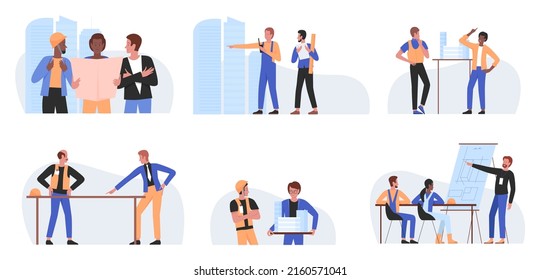 Architect people work, construction worker profession illustration set. Cartoon professional builder constructor characters working on blueprints for architecture buildings isolated on white - Powered by Shutterstock