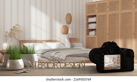 Architect Photographer Designer Desktop Concept, Camera On Wooden Work Desk With Screen Showing Interior Design Project, Blurred Scene Background, Minimalist Bedroom With Wallpaper, 3d Illustration