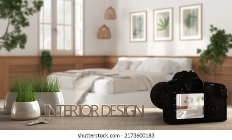 Architect Photographer Designer Desktop Concept, Camera On Wooden Work Desk With Screen Showing Interior Design Project, Modern Bedroom With Bed And Wooden Wall Panel, Idea Template, 3d Illustration