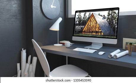 Architect Studio With Architectural Website Computer 3d Rendering House Design