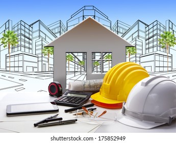 Architect Working Table With Construction Industry And Engineer Working Tool On Top Of Table Use For Real Estate And Property Land Development Theme 