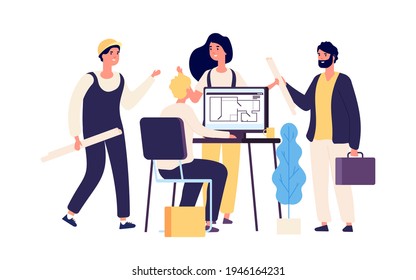 Architects discuss project. Architects and construction workers. Architectural service business illustration